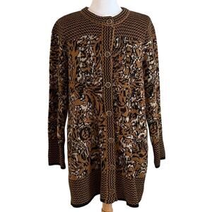 Liz Claiborne Brown/Tan Alpaca Blend Long Crew Neck Cardigan Sweater, Size L